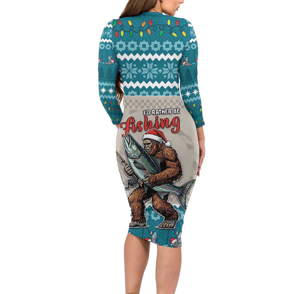 Bigfoot Fishing Christmas Long Sleeve Bodycon Dress Funny Style - Wonder Print Shop