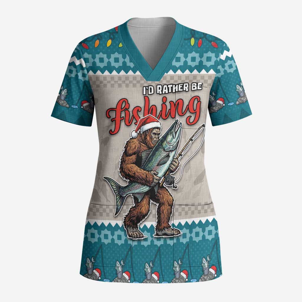 Bigfoot Fishing Christmas Scrub Top Funny Style - Wonder Print Shop