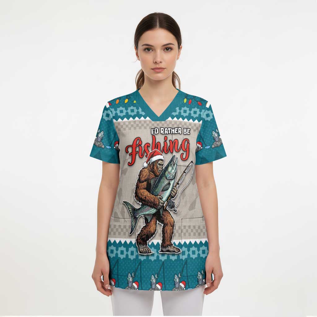 Bigfoot Fishing Christmas Scrub Top Funny Style - Wonder Print Shop