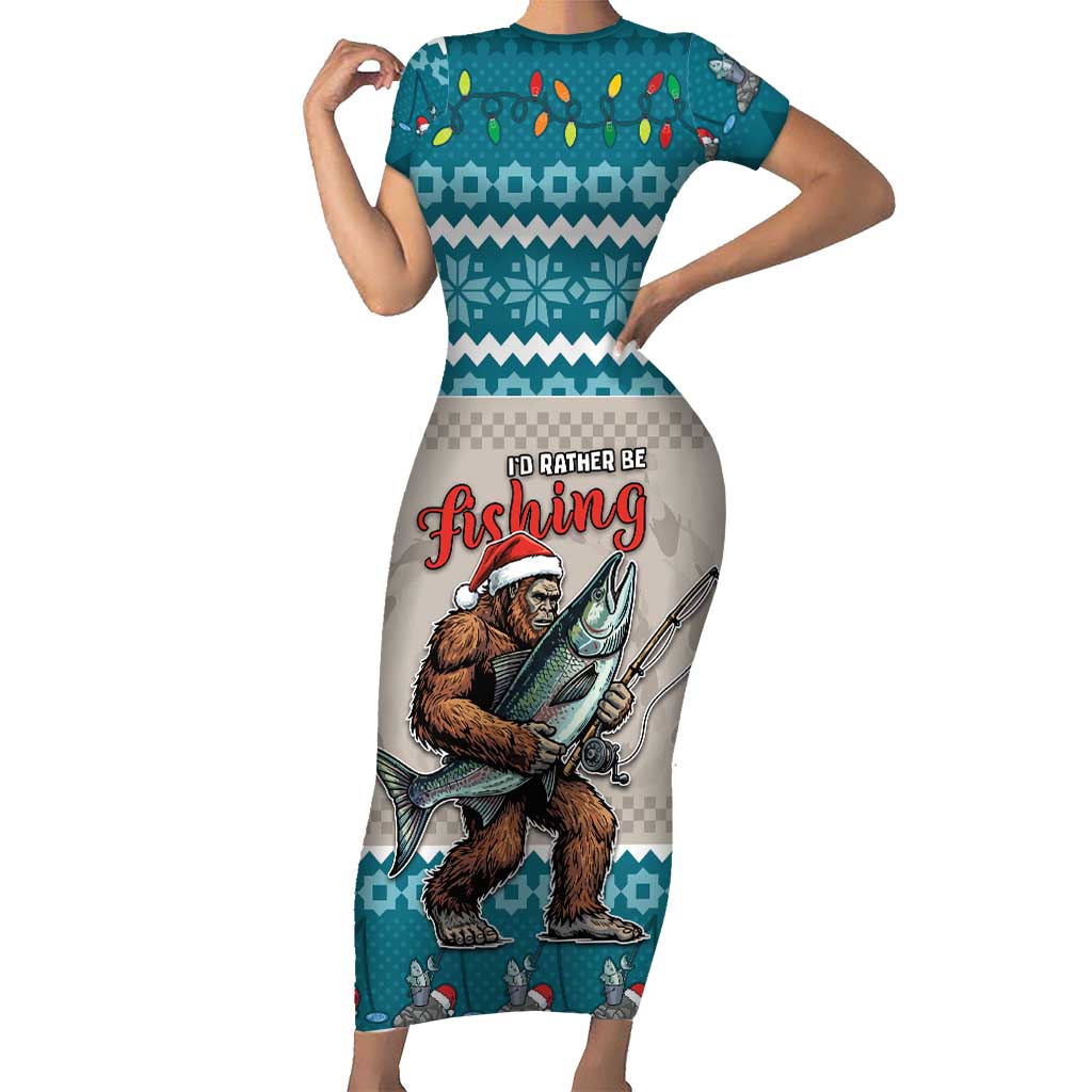 Bigfoot Fishing Christmas Short Sleeve Bodycon Dress Funny Style - Wonder Print Shop