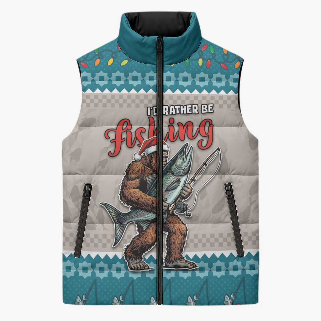 Bigfoot Fishing Christmas Sleeveless Puffer Jacket Funny Style - Wonder Print Shop