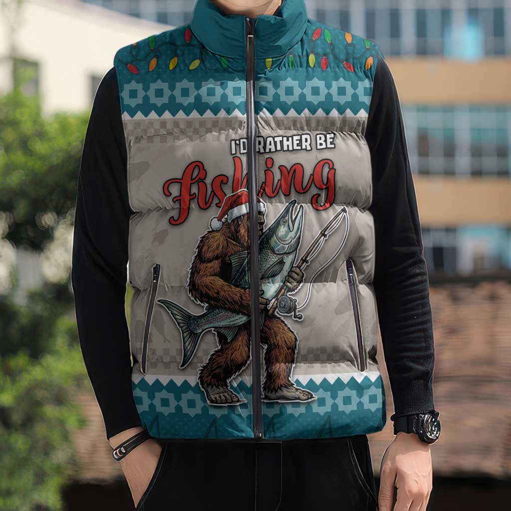 Bigfoot Fishing Christmas Sleeveless Puffer Jacket Funny Style - Wonder Print Shop