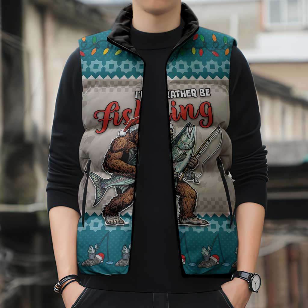 Bigfoot Fishing Christmas Sleeveless Puffer Jacket Funny Style - Wonder Print Shop