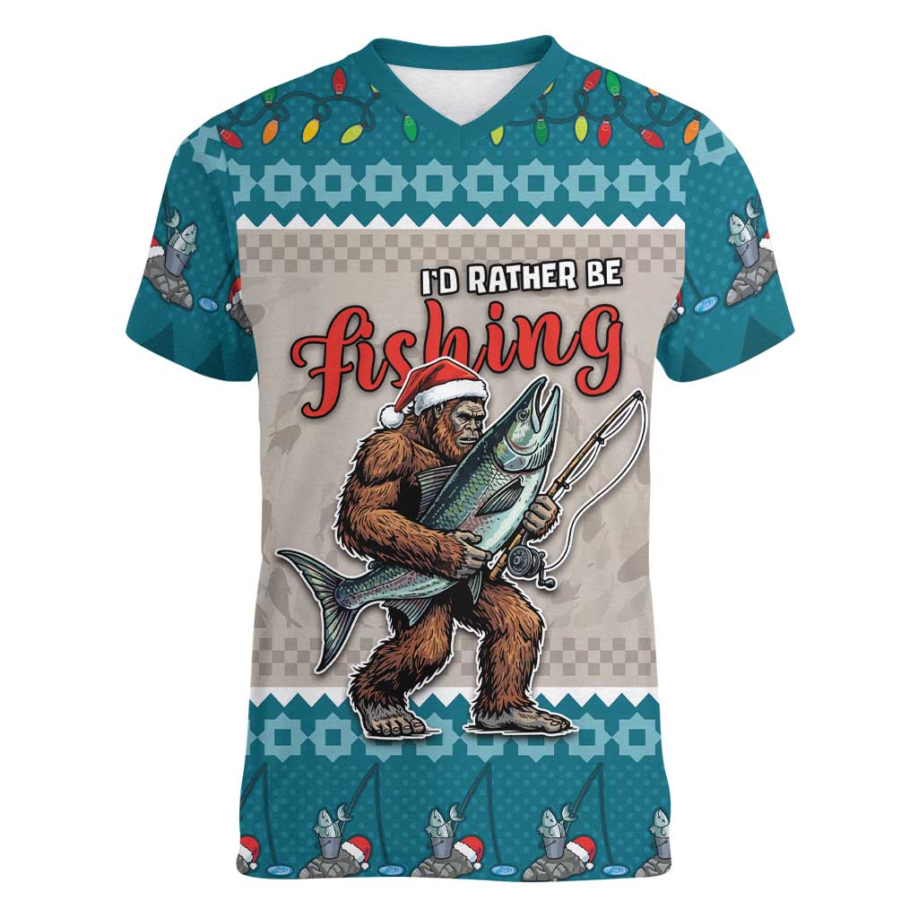 Bigfoot Fishing Christmas Women V-Neck T-Shirt Funny Style - Wonder Print Shop