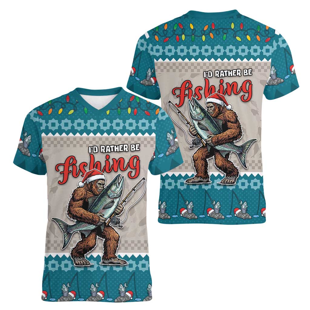 Bigfoot Fishing Christmas Women V-Neck T-Shirt Funny Style - Wonder Print Shop