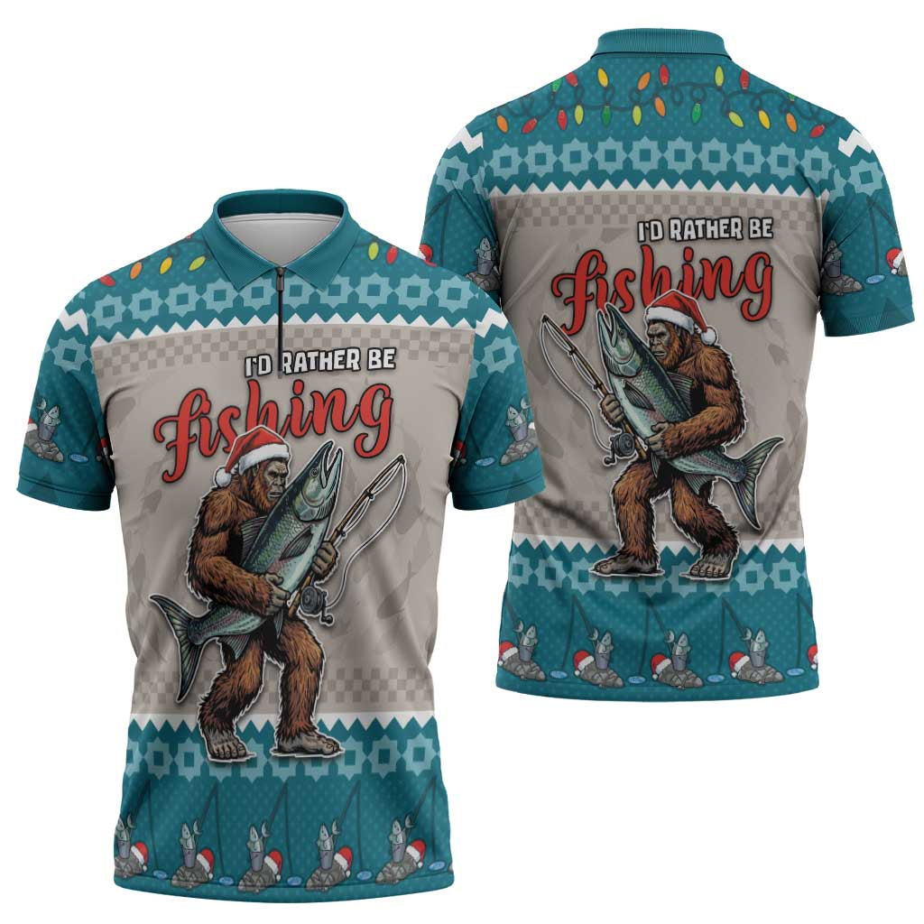 Bigfoot Fishing Christmas Zipper Polo Shirt Funny Style - Wonder Print Shop