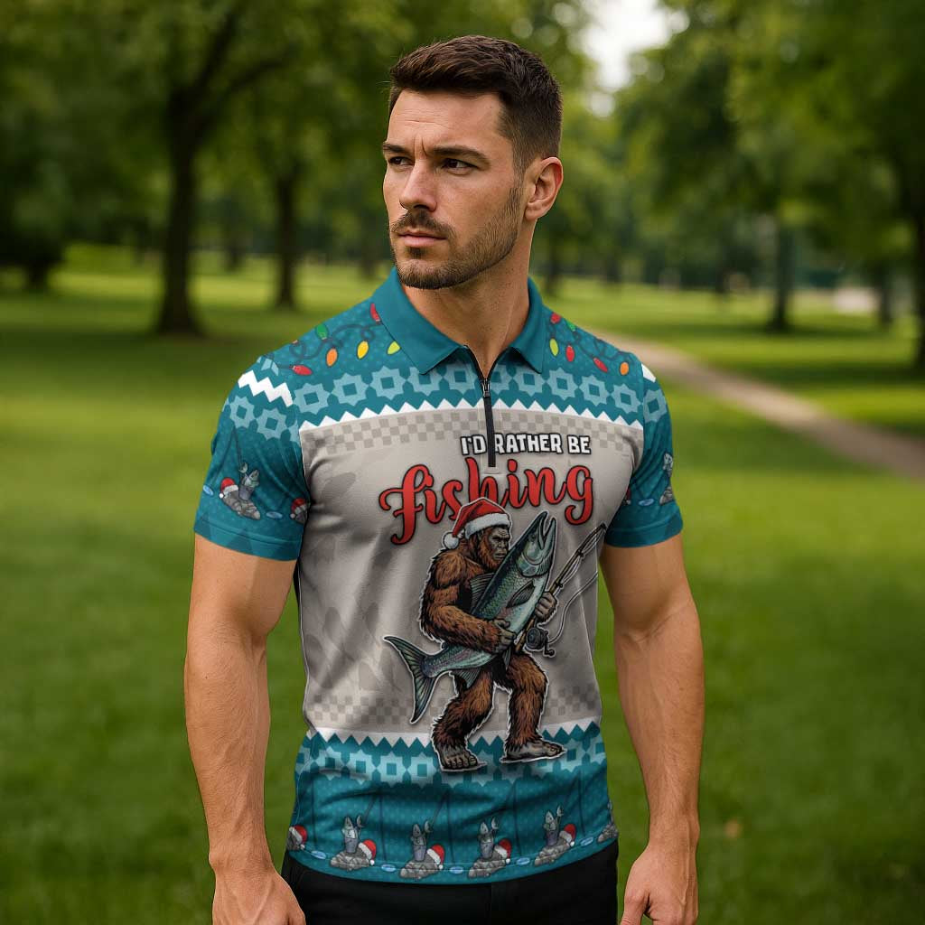 Bigfoot Fishing Christmas Zipper Polo Shirt Funny Style - Wonder Print Shop