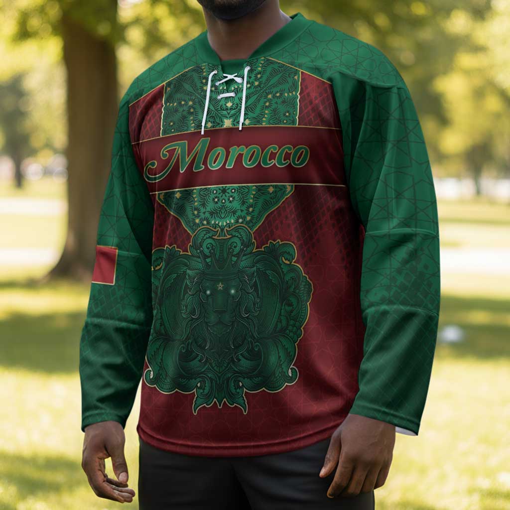 Personalized Morocco Hockey Jersey Royal Lion Islam Patterns - Wonder Print Shop