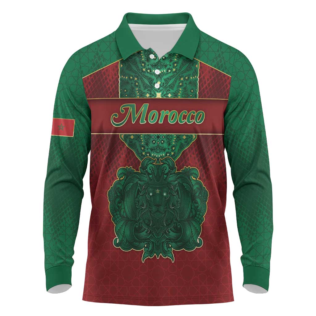 Personalized Morocco Long Sleeve Polo Shirt Royal Lion Islam Patterns - Wonder Print Shop