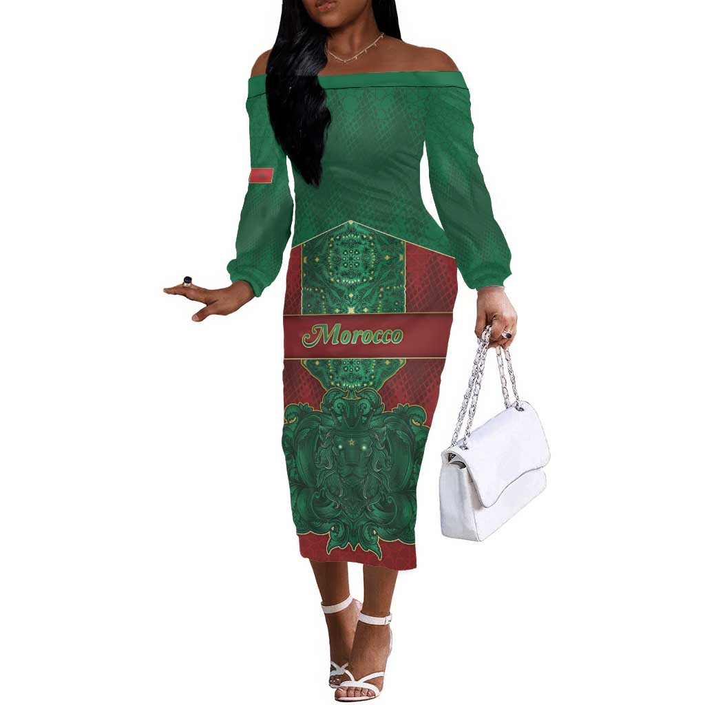 Personalized Morocco Off The Shoulder Long Sleeve Dress Royal Lion Islam Patterns - Wonder Print Shop