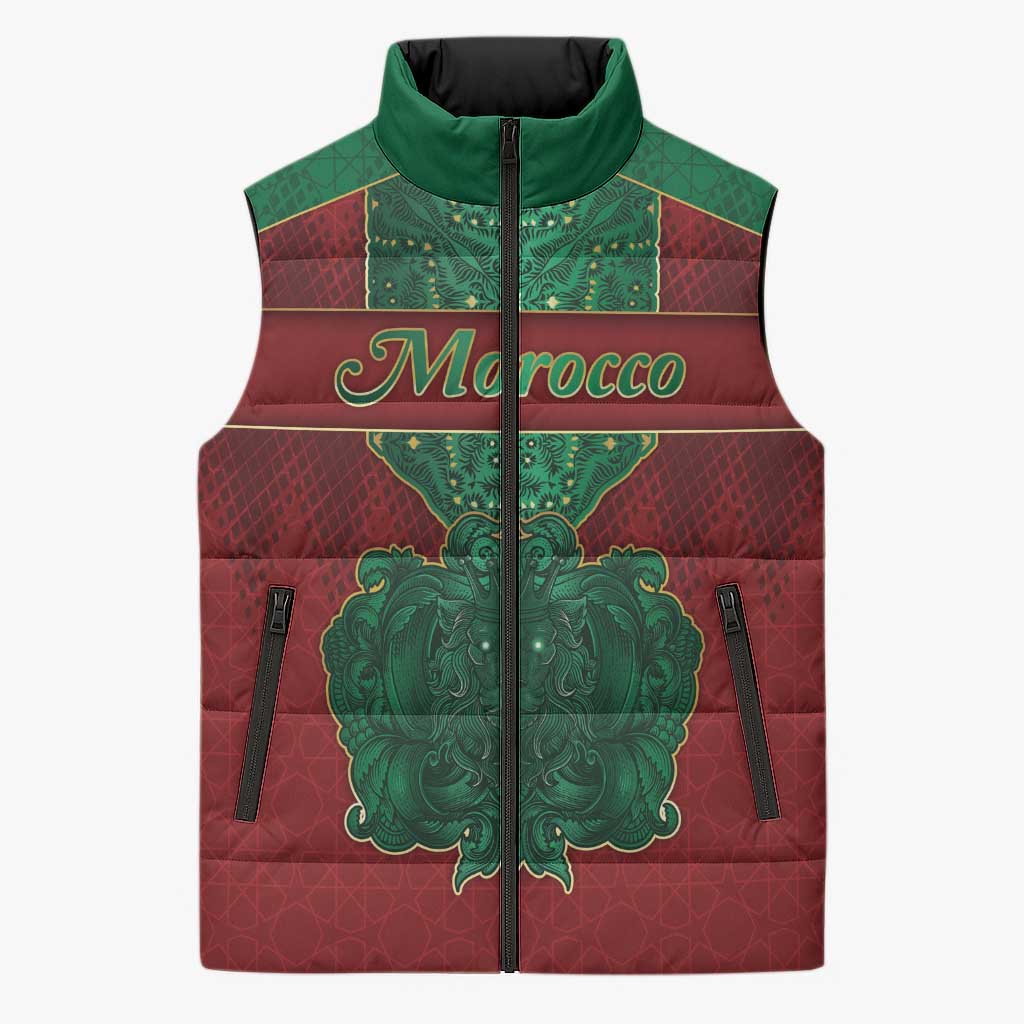 Personalized Morocco Sleeveless Puffer Jacket Royal Lion Islam Patterns - Wonder Print Shop