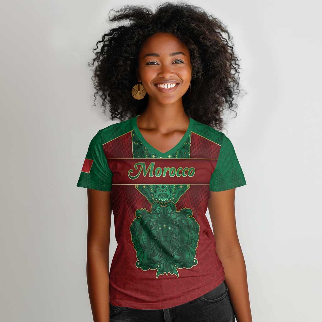 Personalized Morocco Women V-Neck T-Shirt Royal Lion Islam Patterns - Wonder Print Shop