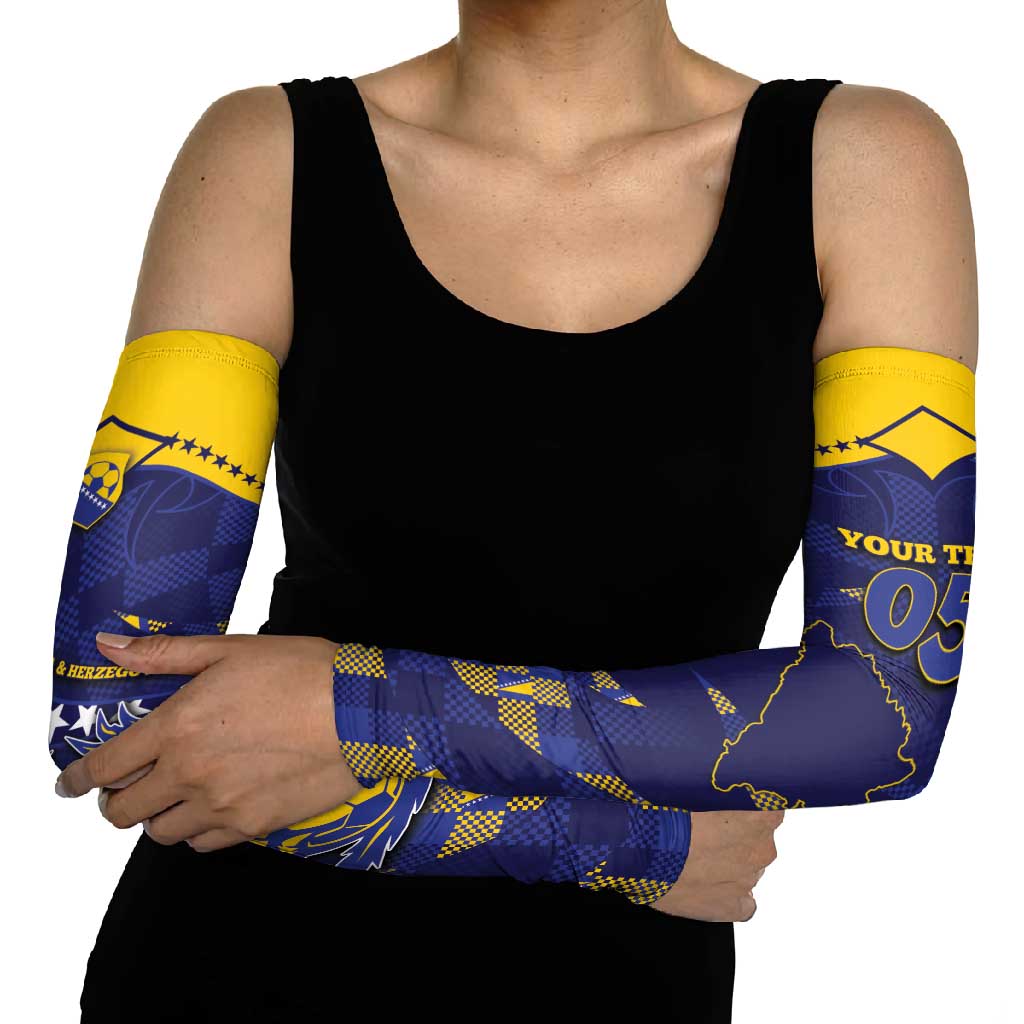 Custom Bosnia And Herzegovina Football Arm Sleeves Fierce Dragon National Stars With Checker Patterns