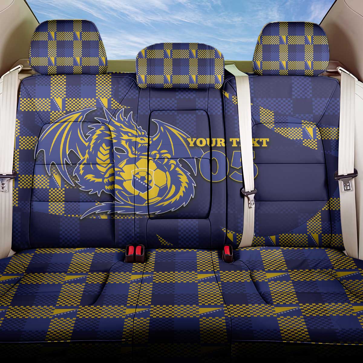 Custom Bosnia And Herzegovina Football Back Car Seat Cover Fierce Dragon National Stars With Checker Patterns