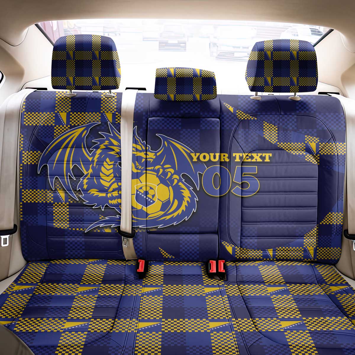 Custom Bosnia And Herzegovina Football Back Car Seat Cover Fierce Dragon National Stars With Checker Patterns