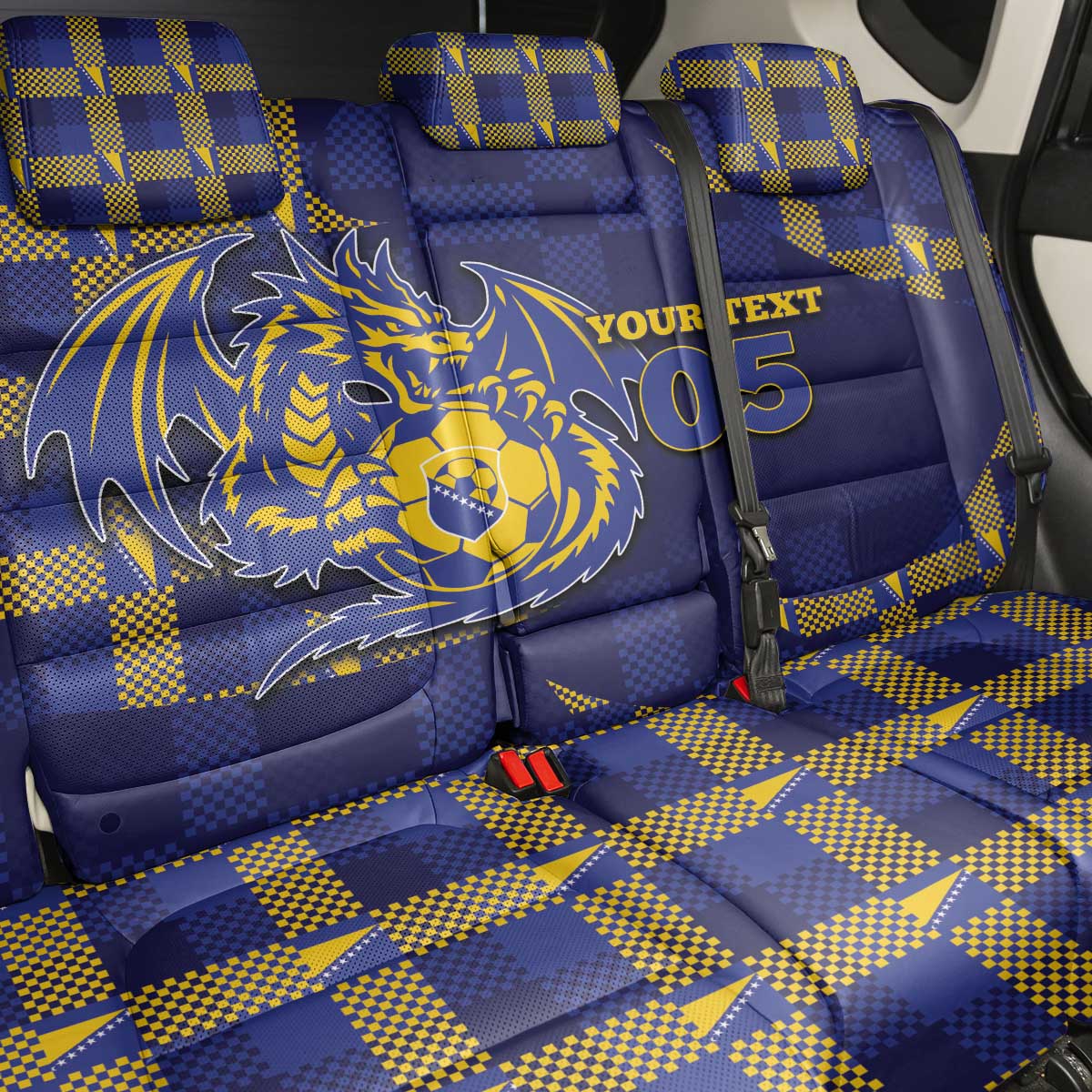 Custom Bosnia And Herzegovina Football Back Car Seat Cover Fierce Dragon National Stars With Checker Patterns