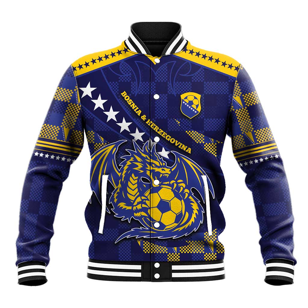 Custom Bosnia And Herzegovina Football Baseball Jacket Fierce Dragon National Stars With Checker Patterns