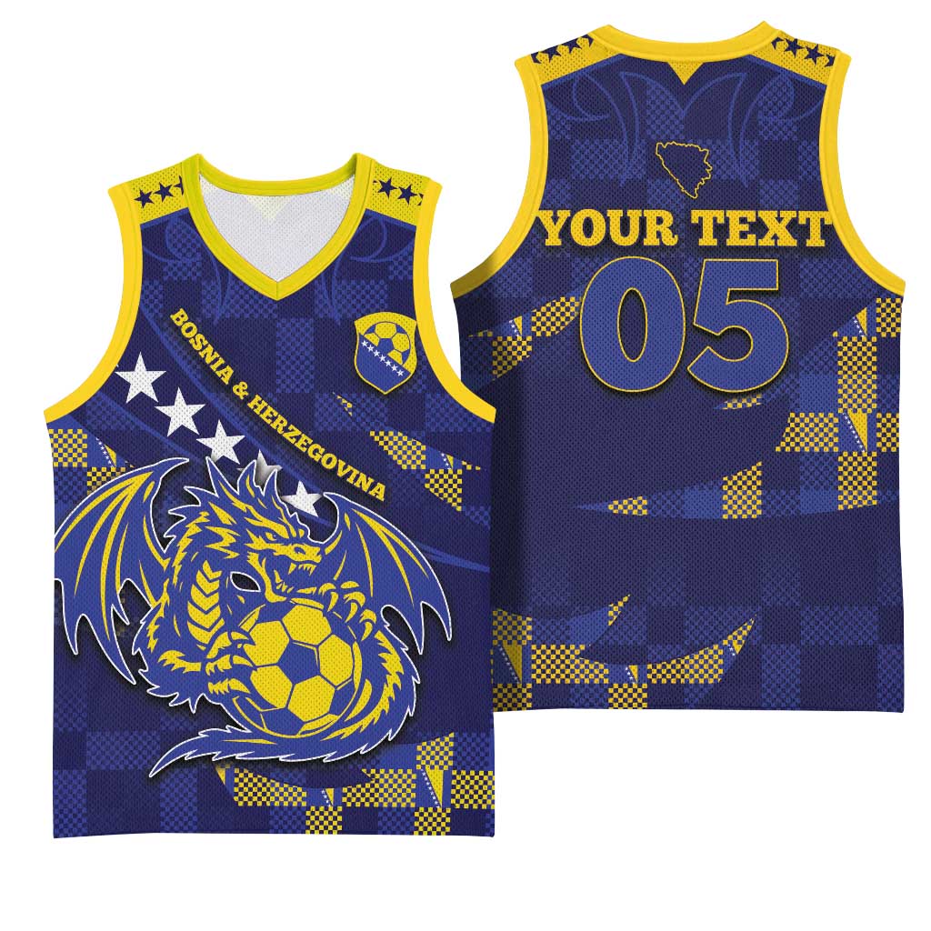 Custom Bosnia And Herzegovina Football Basketball Jersey Fierce Dragon National Stars With Checker Patterns