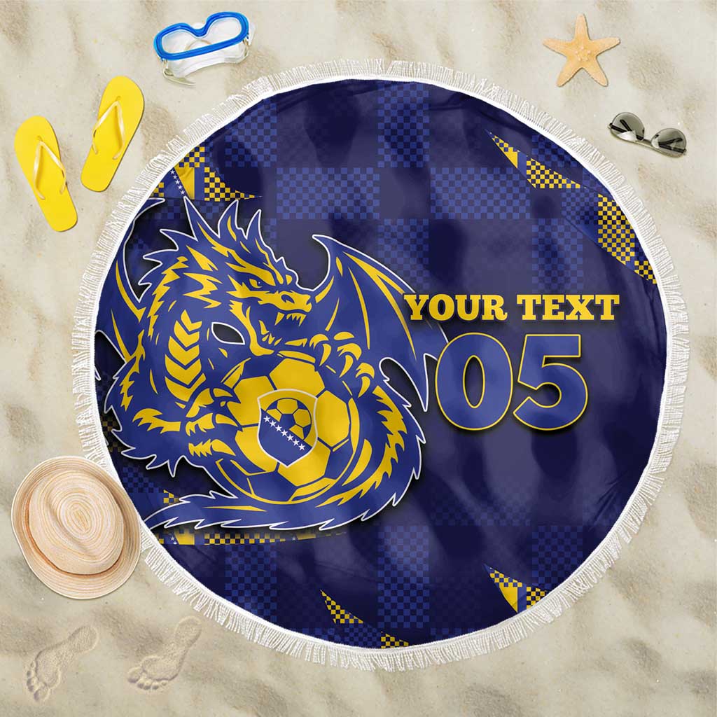 Custom Bosnia And Herzegovina Football Beach Blanket Fierce Dragon National Stars With Checker Patterns
