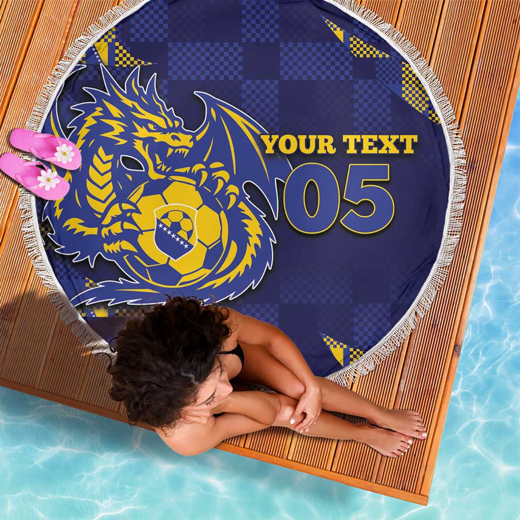 Custom Bosnia And Herzegovina Football Beach Blanket Fierce Dragon National Stars With Checker Patterns