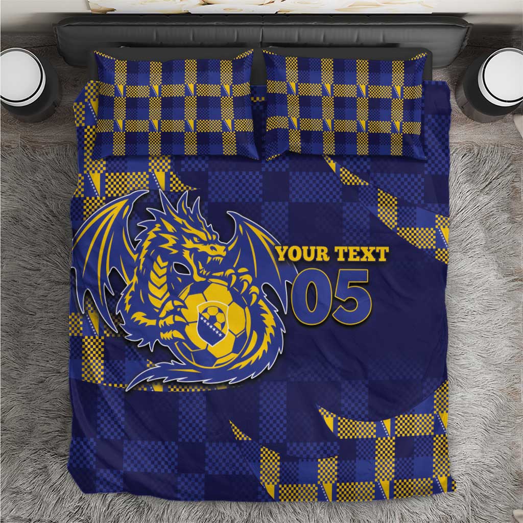 Custom Bosnia And Herzegovina Football Bedding Set Fierce Dragon National Stars With Checker Patterns