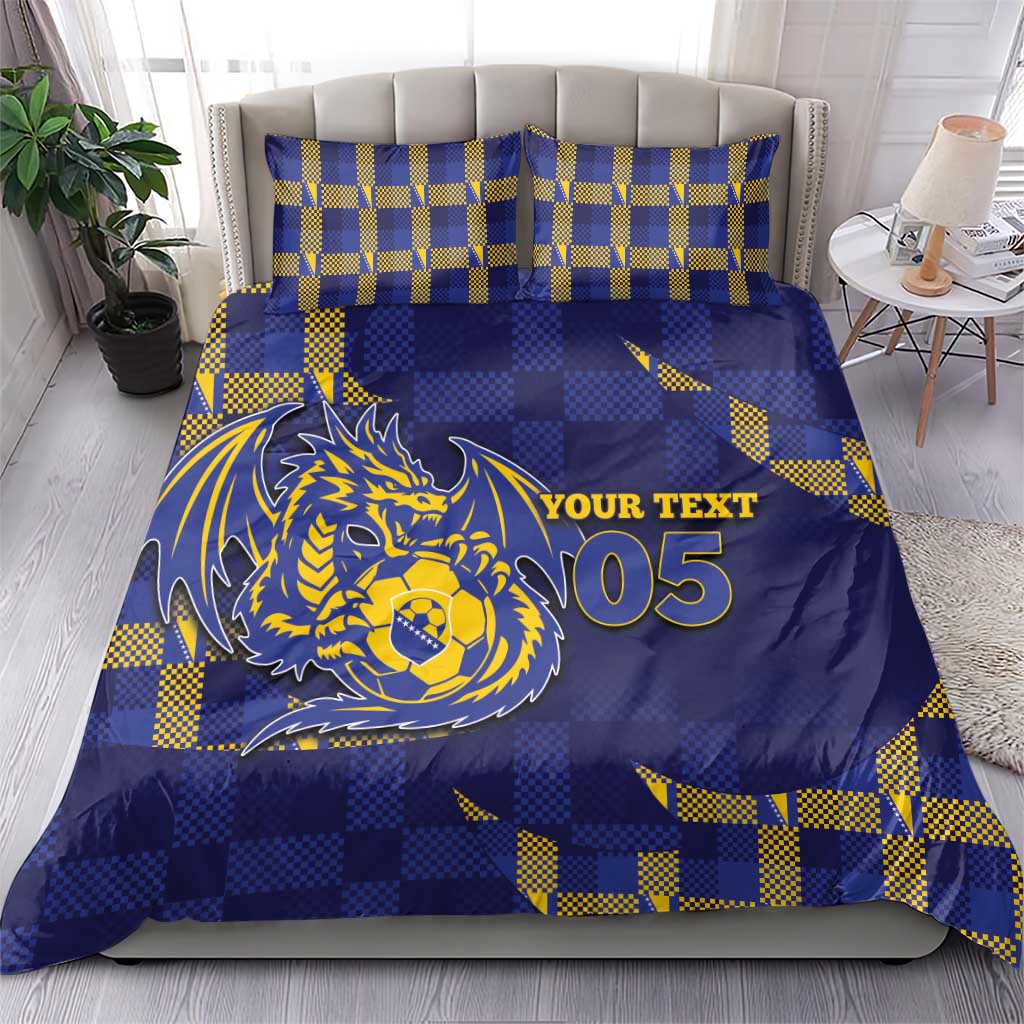 Custom Bosnia And Herzegovina Football Bedding Set Fierce Dragon National Stars With Checker Patterns