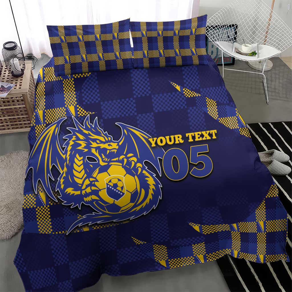 Custom Bosnia And Herzegovina Football Bedding Set Fierce Dragon National Stars With Checker Patterns