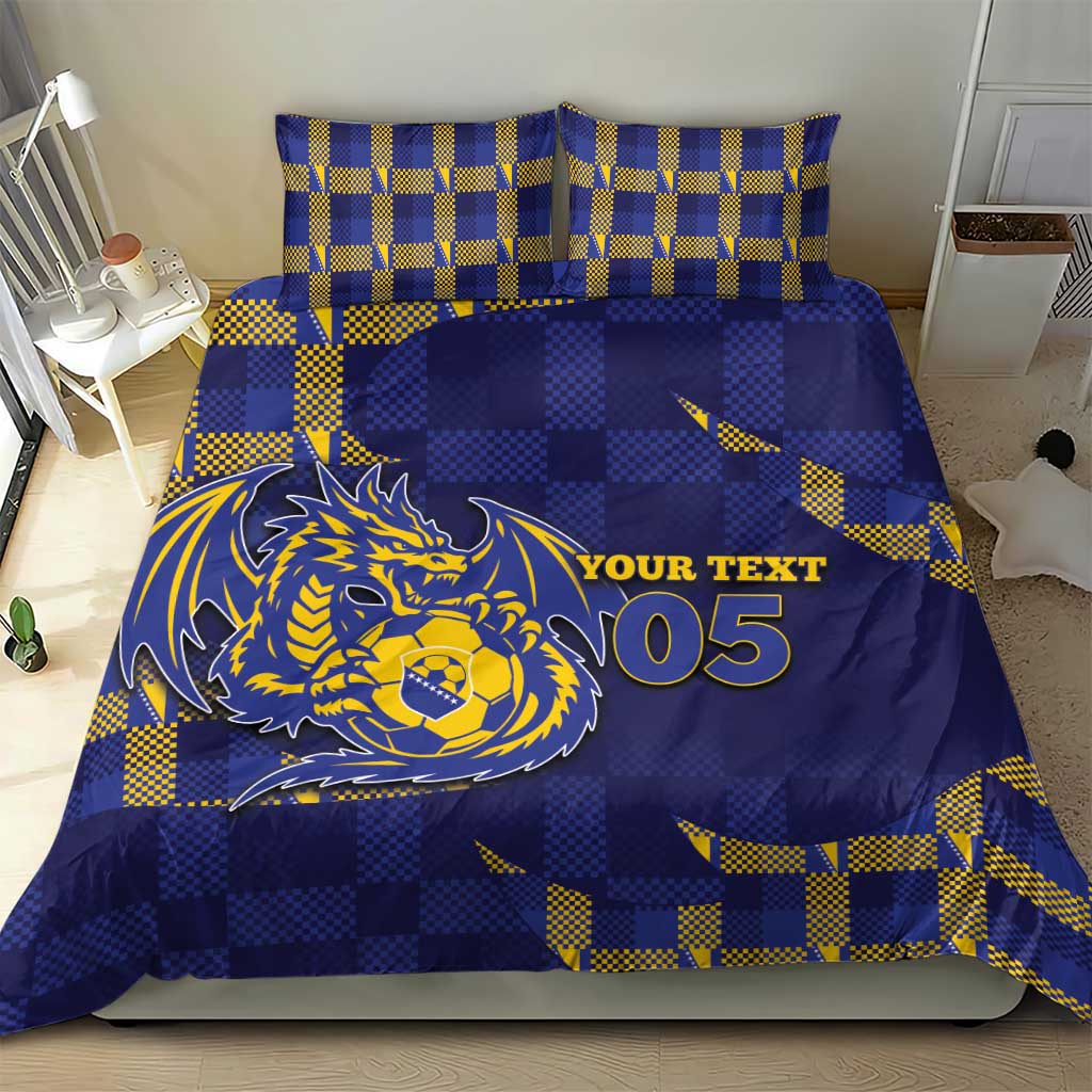 Custom Bosnia And Herzegovina Football Bedding Set Fierce Dragon National Stars With Checker Patterns