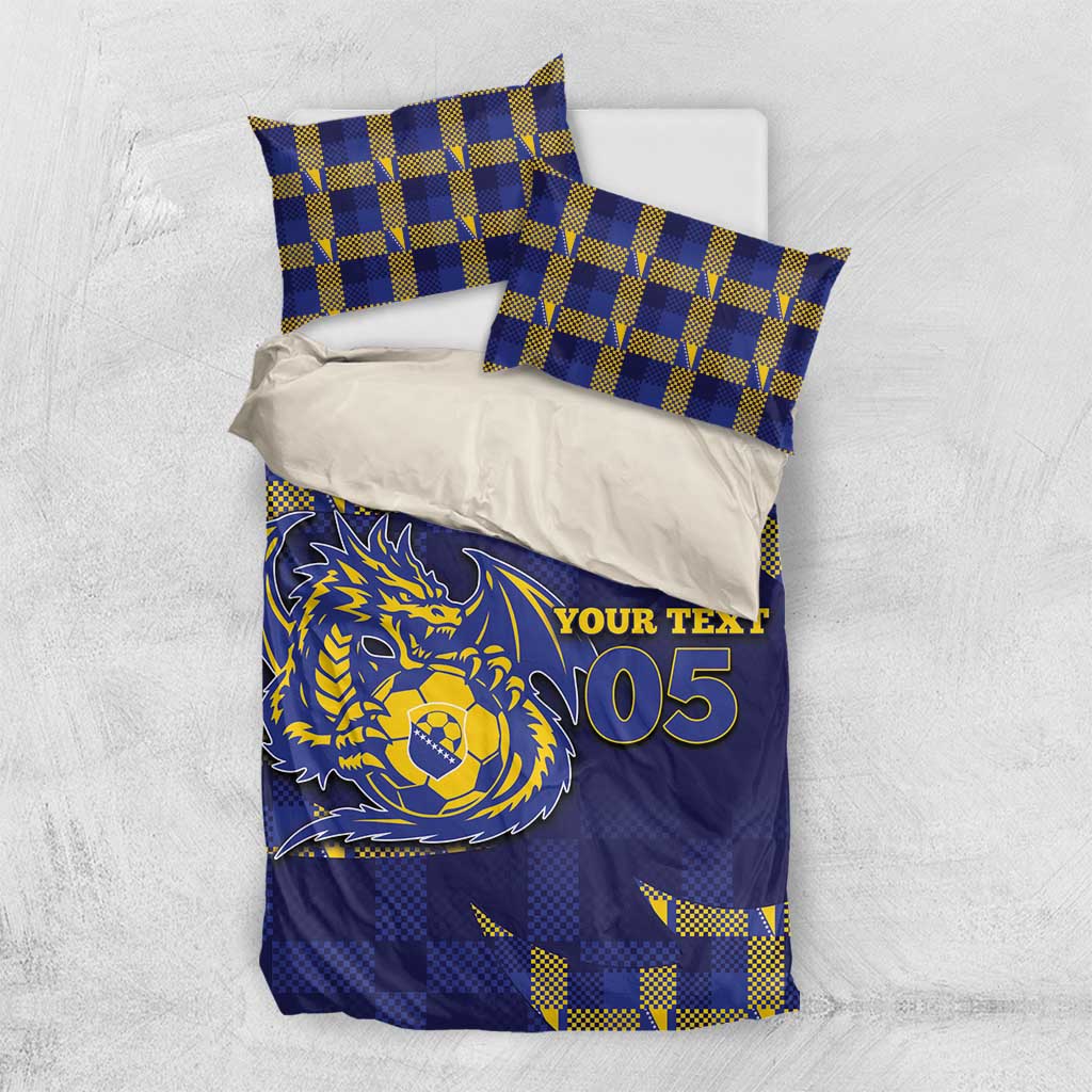 Custom Bosnia And Herzegovina Football Bedding Set Fierce Dragon National Stars With Checker Patterns
