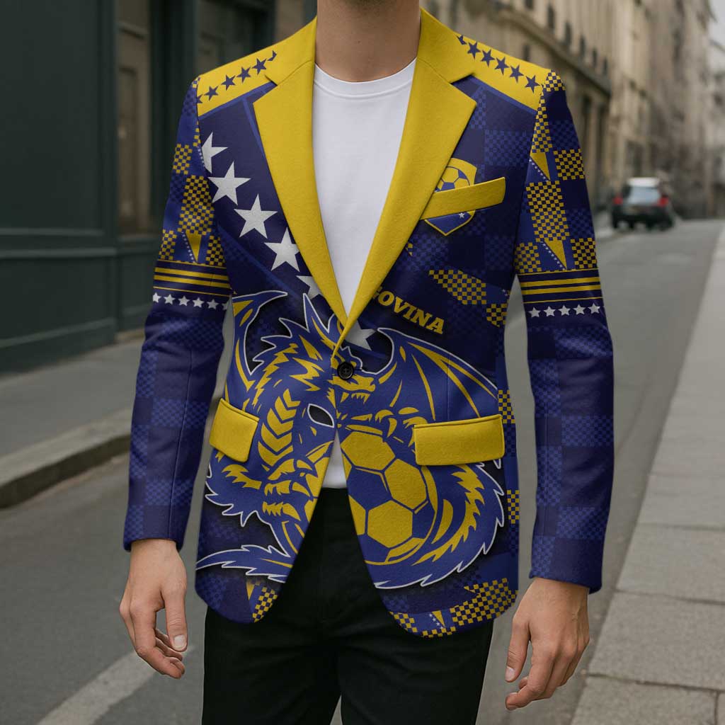 Custom Bosnia And Herzegovina Football Blazer Fierce Dragon National Stars With Checker Patterns