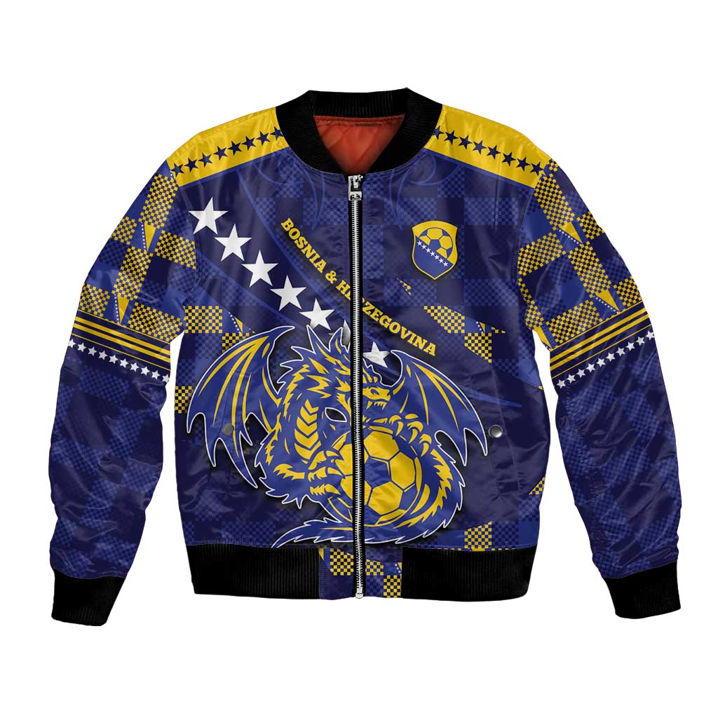 Custom Bosnia And Herzegovina Football Bomber Jacket Fierce Dragon National Stars With Checker Patterns