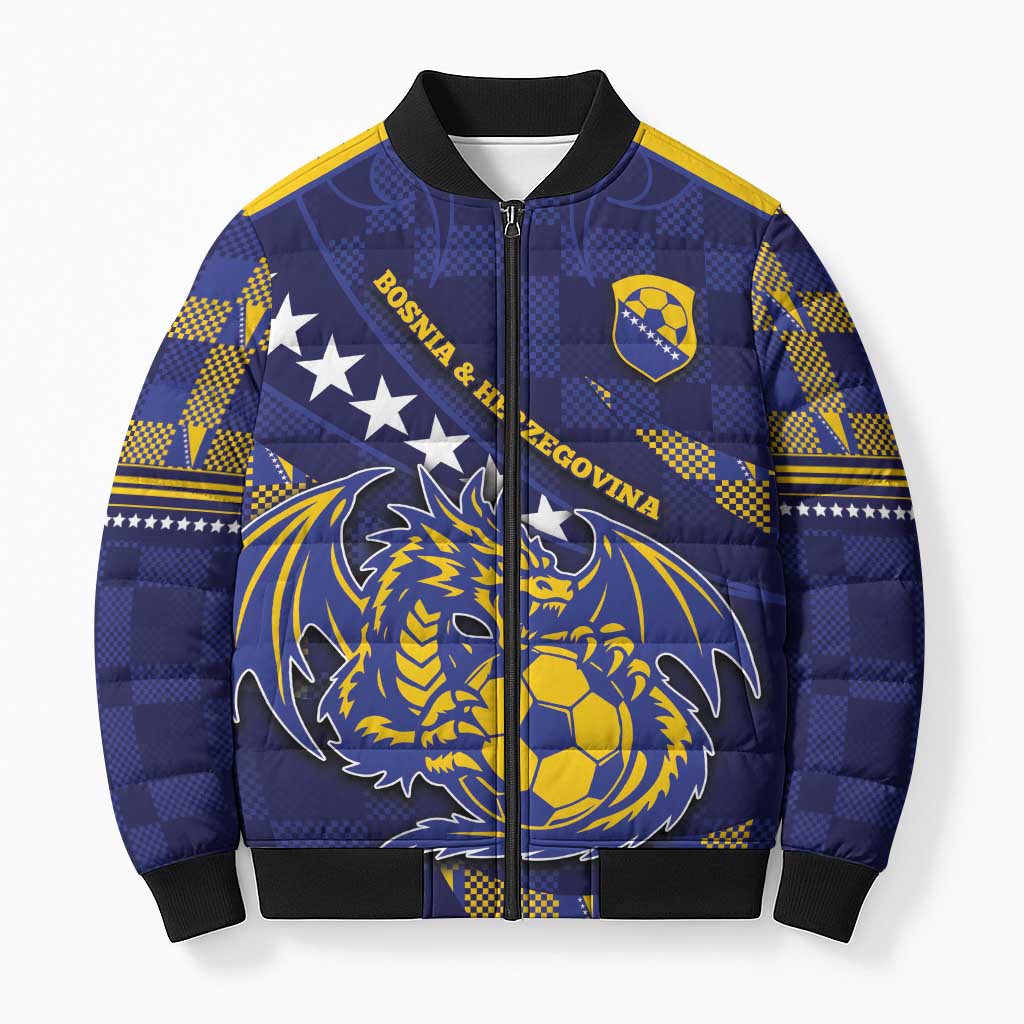 Custom Bosnia And Herzegovina Football Bomber Puffer Jacket Fierce Dragon National Stars With Checker Patterns