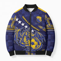 Custom Bosnia And Herzegovina Football Bomber Puffer Jacket Fierce Dragon National Stars With Checker Patterns