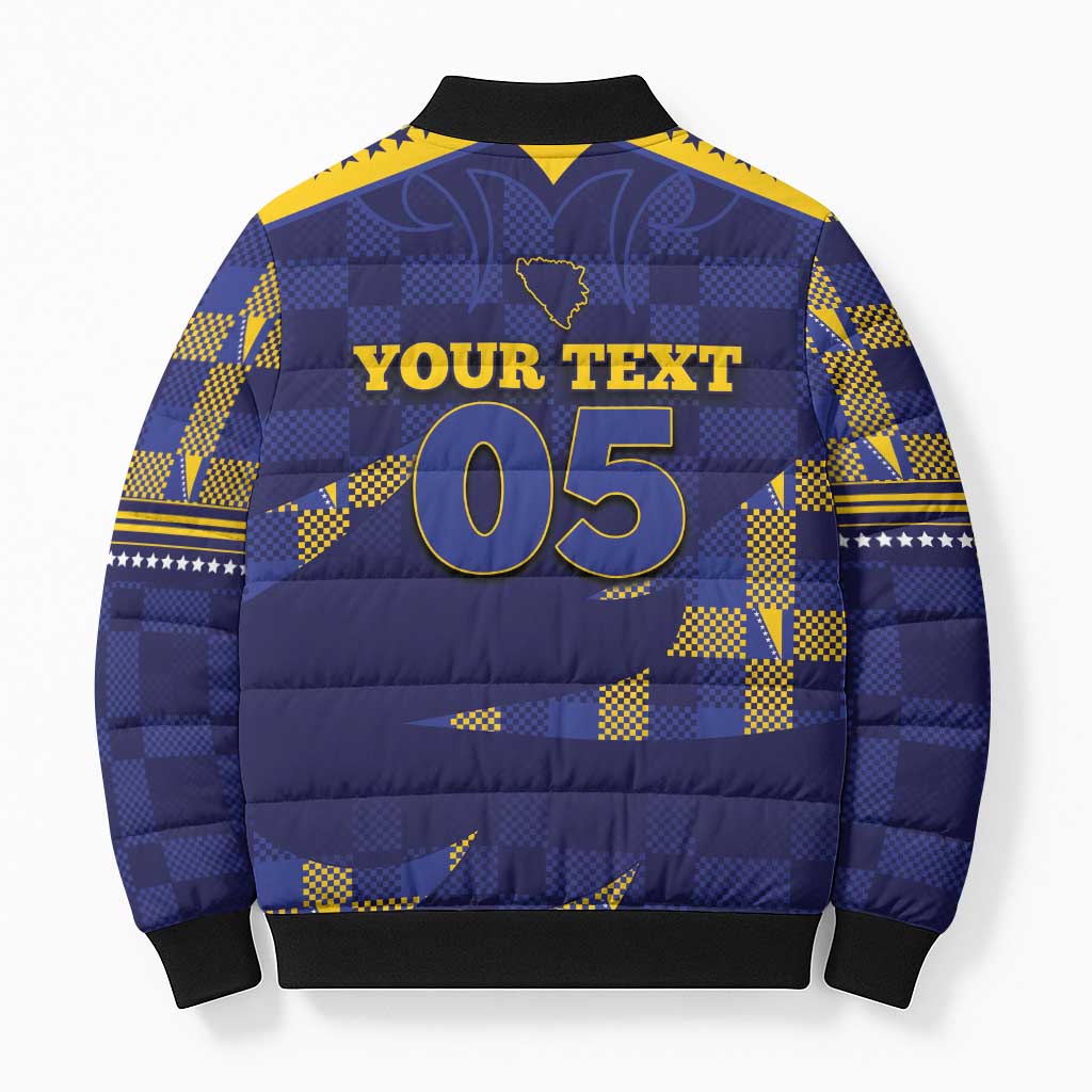Custom Bosnia And Herzegovina Football Bomber Puffer Jacket Fierce Dragon National Stars With Checker Patterns