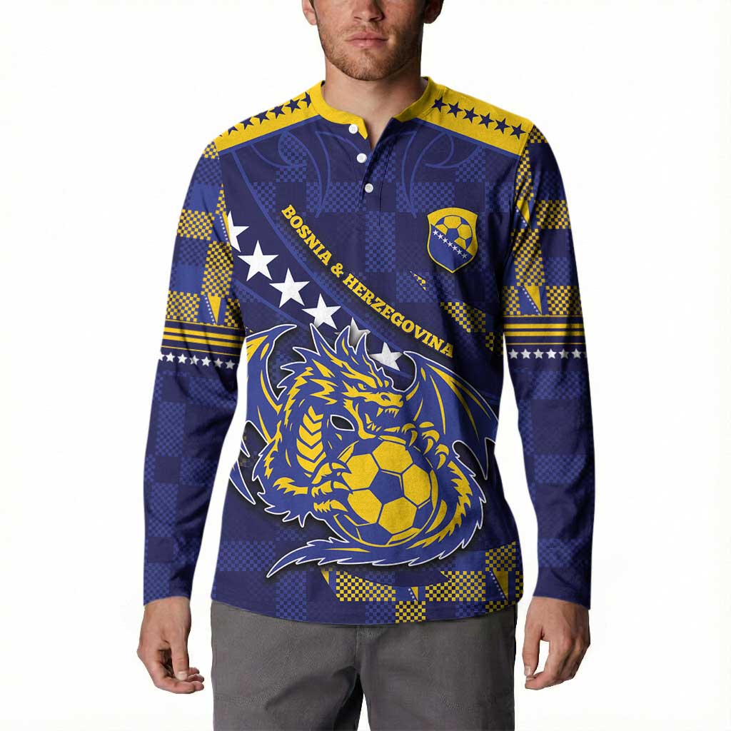 Custom Bosnia And Herzegovina Football Button Sweatshirt Fierce Dragon National Stars With Checker Patterns