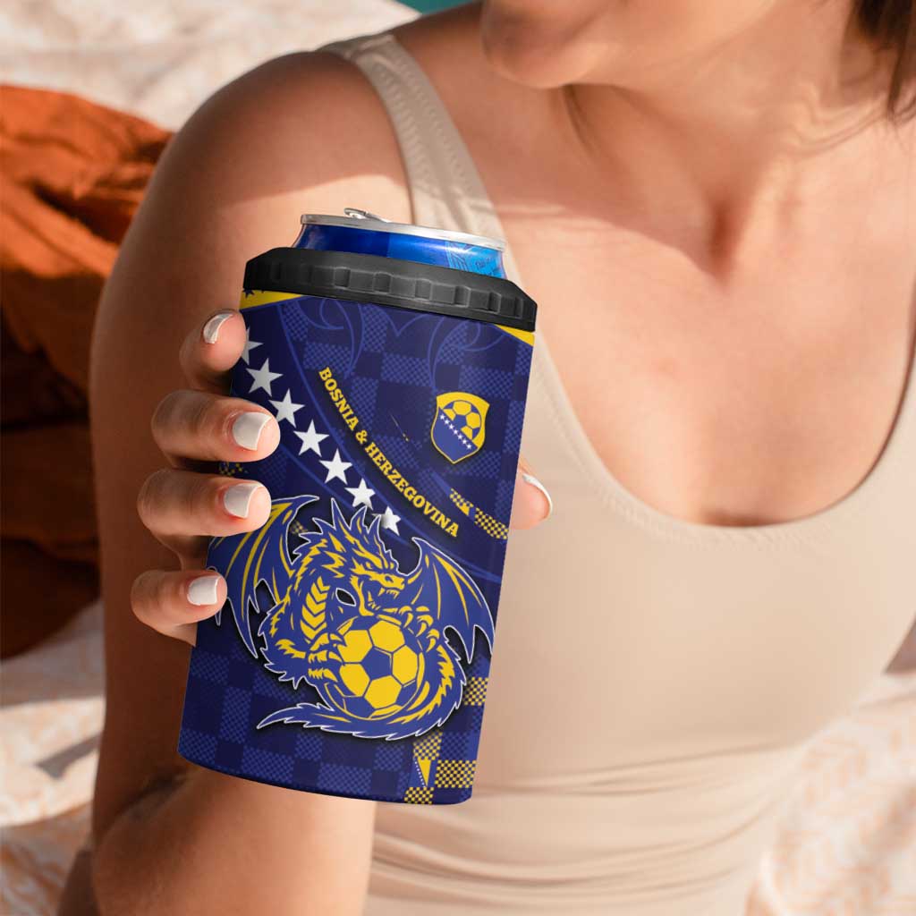 Custom Bosnia And Herzegovina Football 4 in 1 Can Cooler Tumbler Fierce Dragon National Stars With Checker Patterns