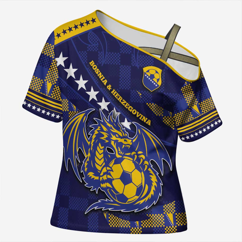 Custom Bosnia And Herzegovina Football Cross Shoulder Shirt Fierce Dragon National Stars With Checker Patterns