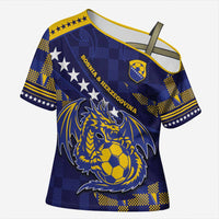 Custom Bosnia And Herzegovina Football Cross Shoulder Shirt Fierce Dragon National Stars With Checker Patterns