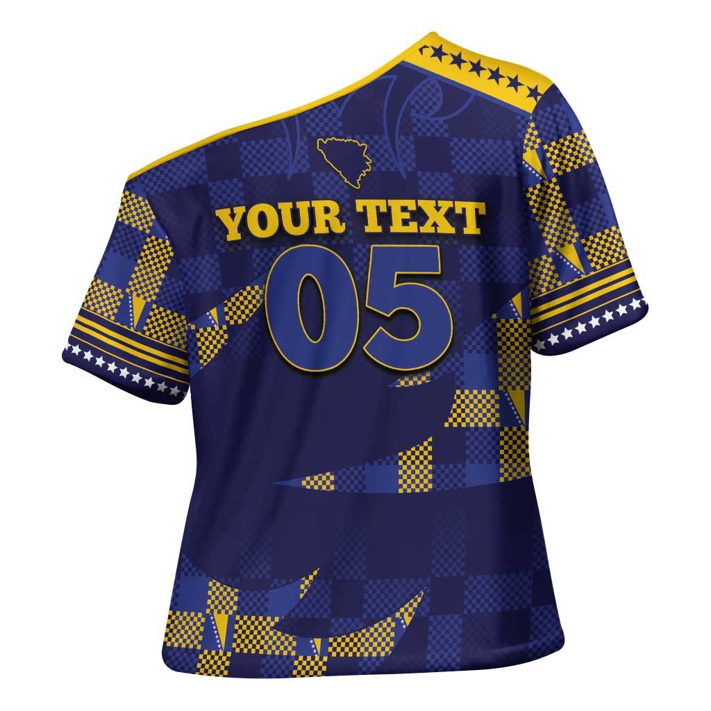 Custom Bosnia And Herzegovina Football Cross Shoulder Shirt Fierce Dragon National Stars With Checker Patterns