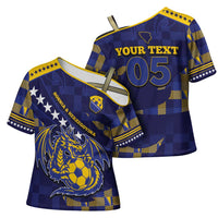 Custom Bosnia And Herzegovina Football Cross Shoulder Shirt Fierce Dragon National Stars With Checker Patterns