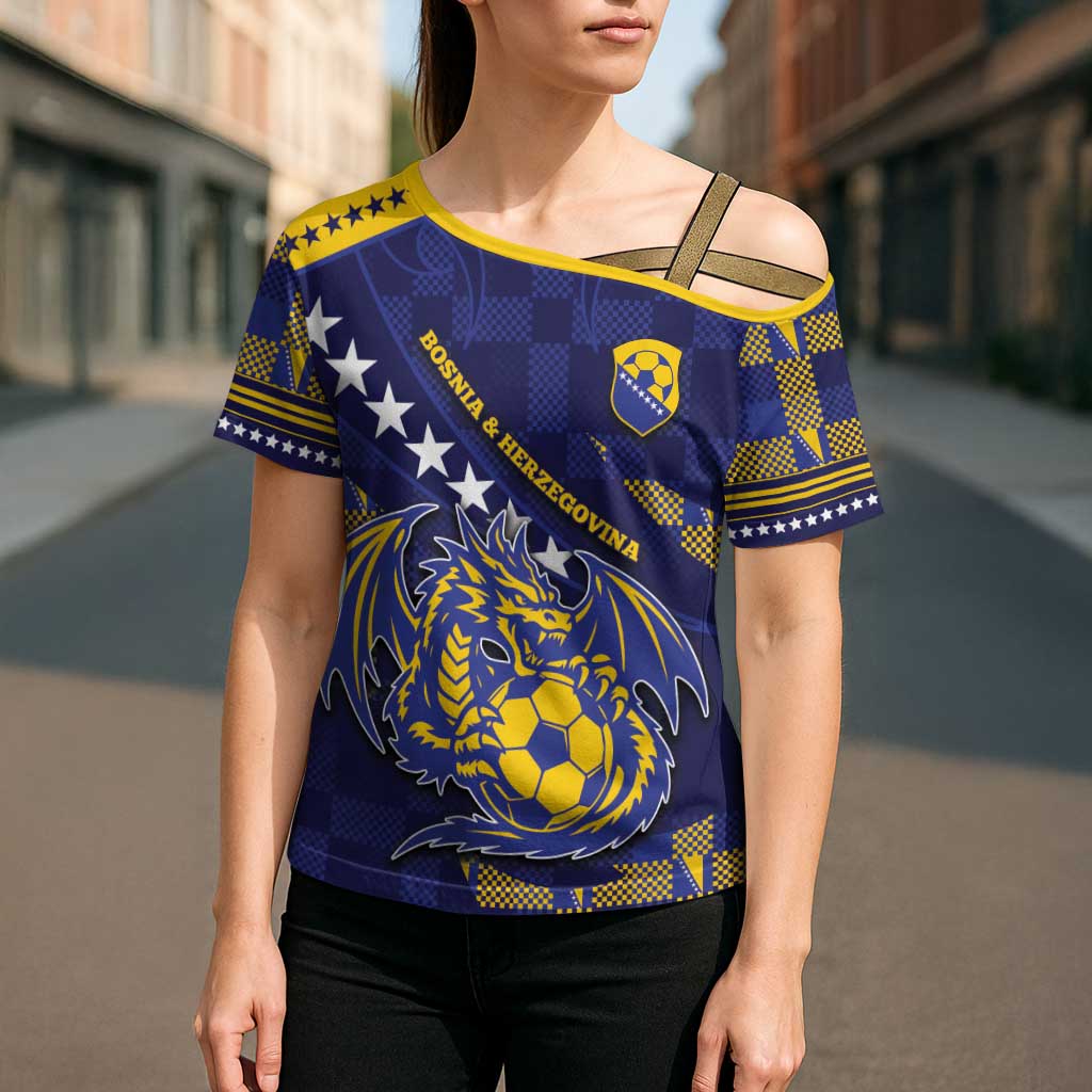 Custom Bosnia And Herzegovina Football Cross Shoulder Shirt Fierce Dragon National Stars With Checker Patterns