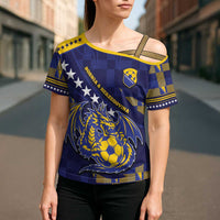 Custom Bosnia And Herzegovina Football Cross Shoulder Shirt Fierce Dragon National Stars With Checker Patterns