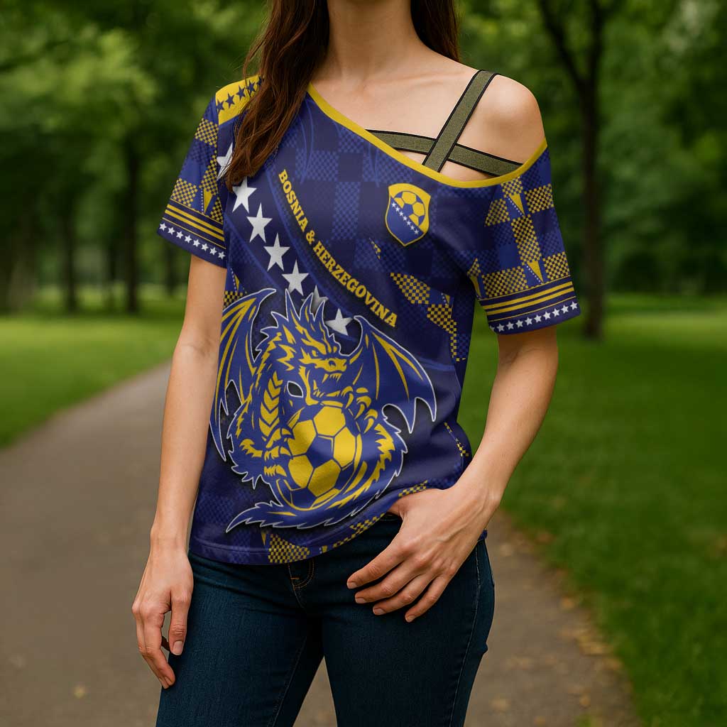 Custom Bosnia And Herzegovina Football Cross Shoulder Shirt Fierce Dragon National Stars With Checker Patterns