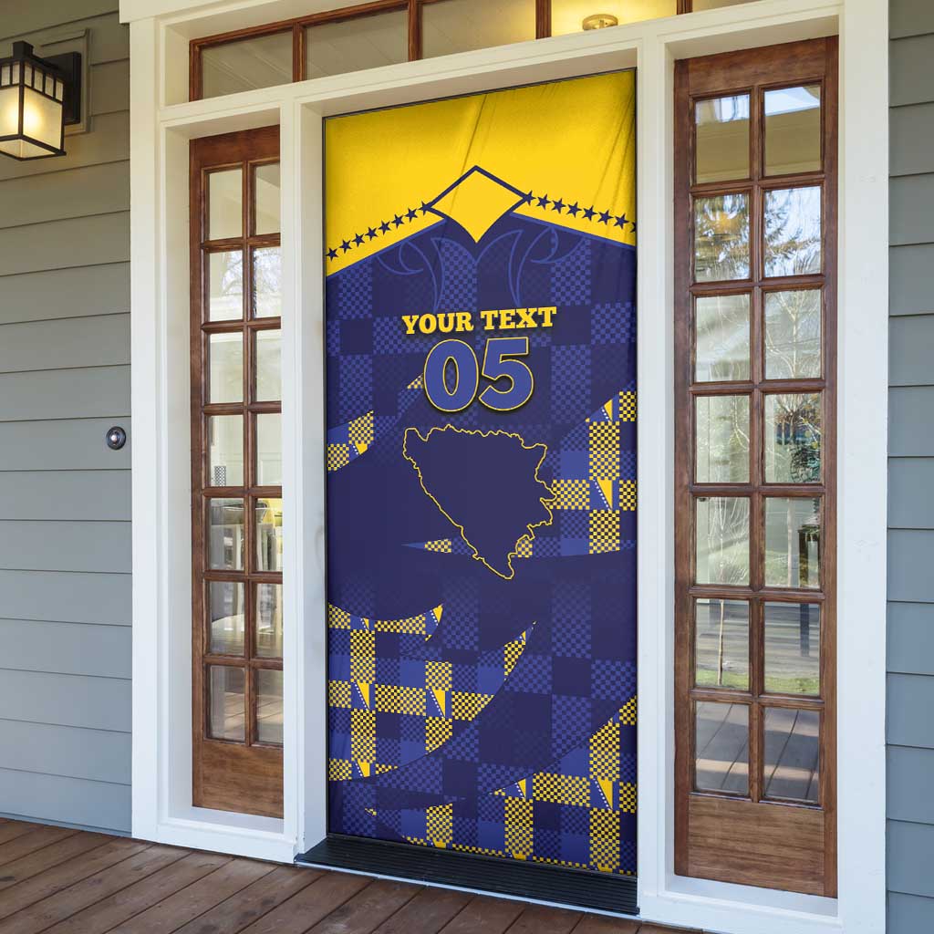 Custom Bosnia And Herzegovina Football Door Cover Fierce Dragon National Stars With Checker Patterns