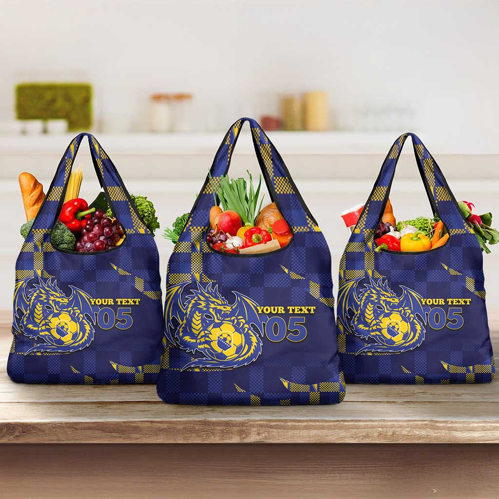 Custom Bosnia And Herzegovina Football Grocery Bag Fierce Dragon National Stars With Checker Patterns