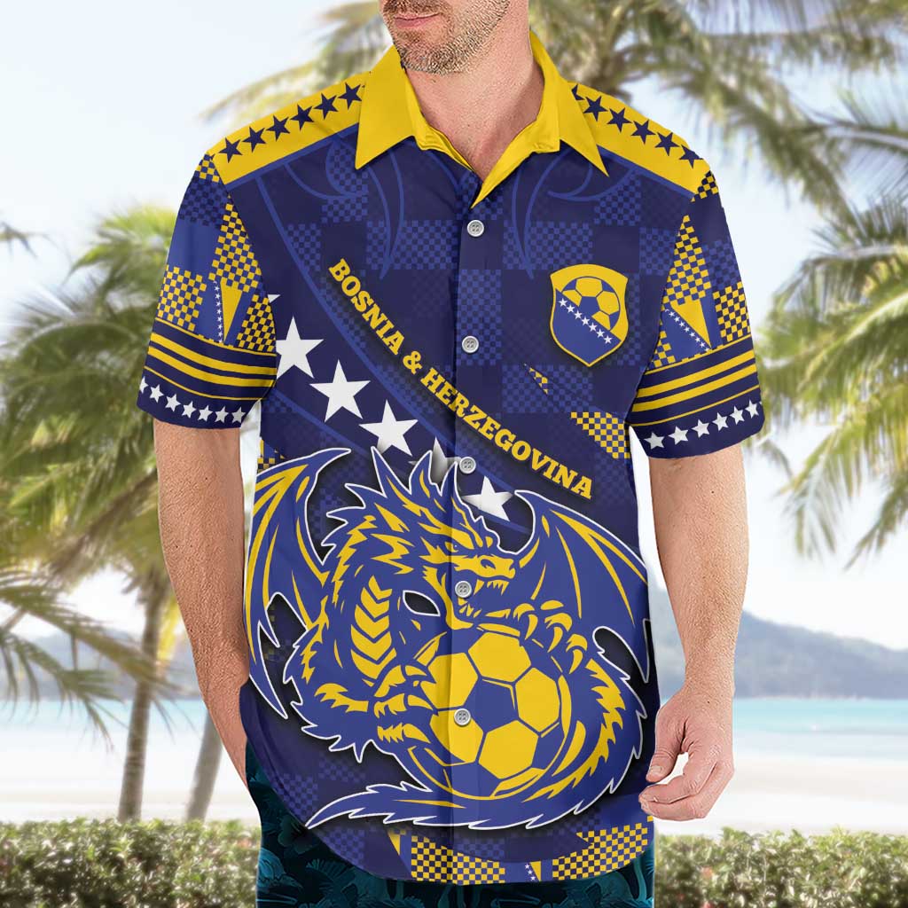 Custom Bosnia And Herzegovina Football Hawaiian Shirt Fierce Dragon National Stars With Checker Patterns