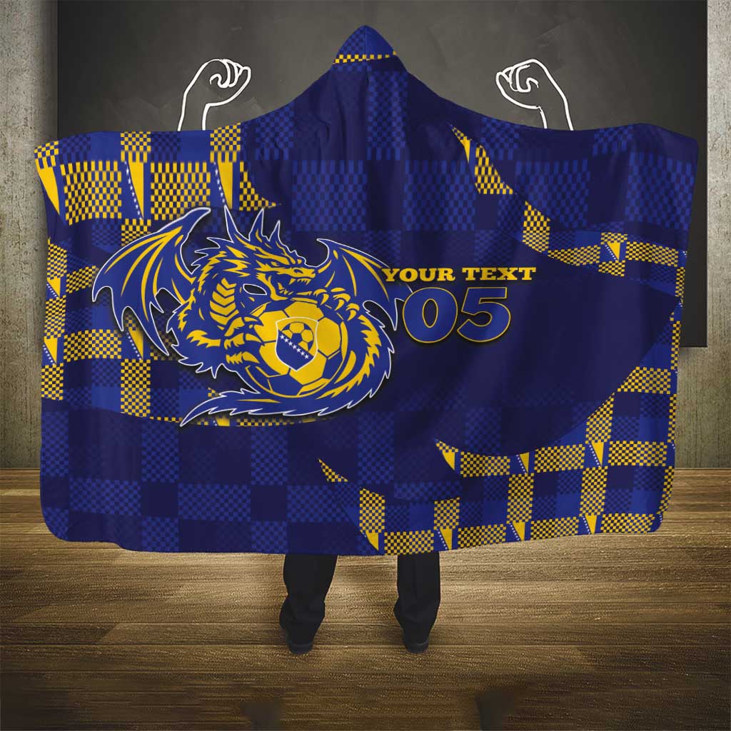 Custom Bosnia And Herzegovina Football Hooded Blanket Fierce Dragon National Stars With Checker Patterns