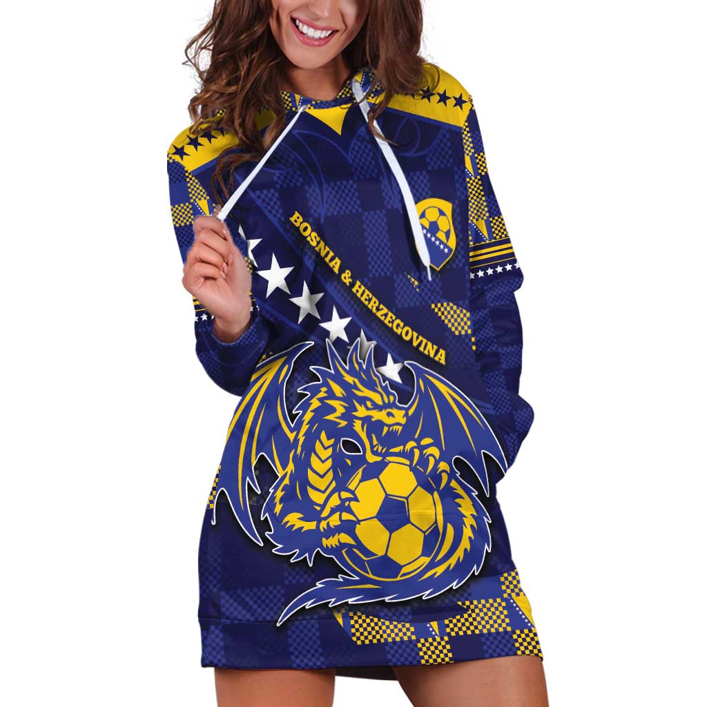 Custom Bosnia And Herzegovina Football Hoodie Dress Fierce Dragon National Stars With Checker Patterns