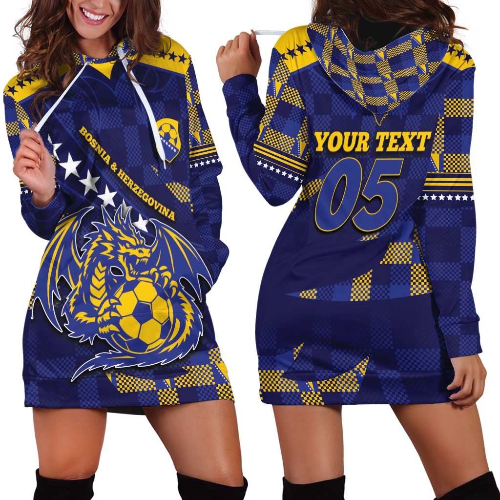 Custom Bosnia And Herzegovina Football Hoodie Dress Fierce Dragon National Stars With Checker Patterns