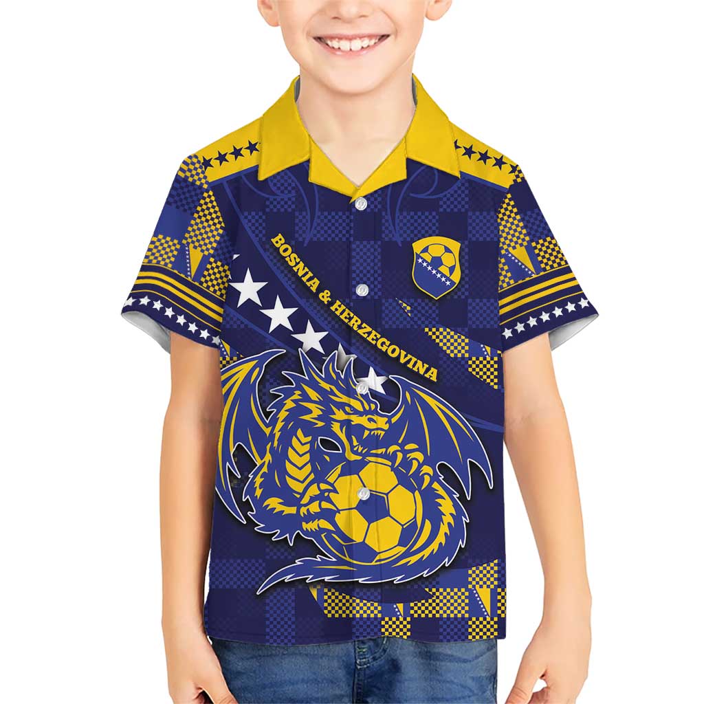 Custom Bosnia And Herzegovina Football Kid Hawaiian Shirt Fierce Dragon National Stars With Checker Patterns